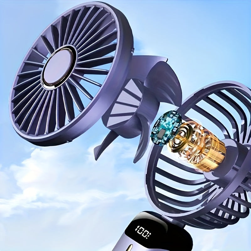 Cop Rose's Portable Mini Fan features 5-Speed Settings and an LED Display. It is USB Rechargeable with Touch Control and a Foldable Design, perfect for both indoor and outdoor use.