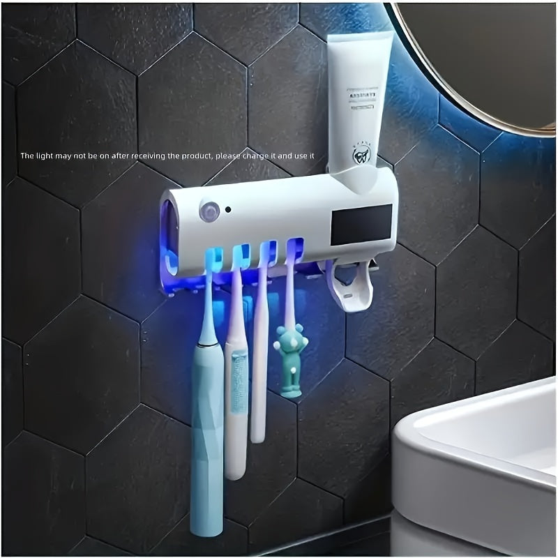 UV Toothbrush Holder with Automatic Toothpaste Dispenser - Wireless, USB Rechargeable, Wall-Mounted, No-Drill Installation.