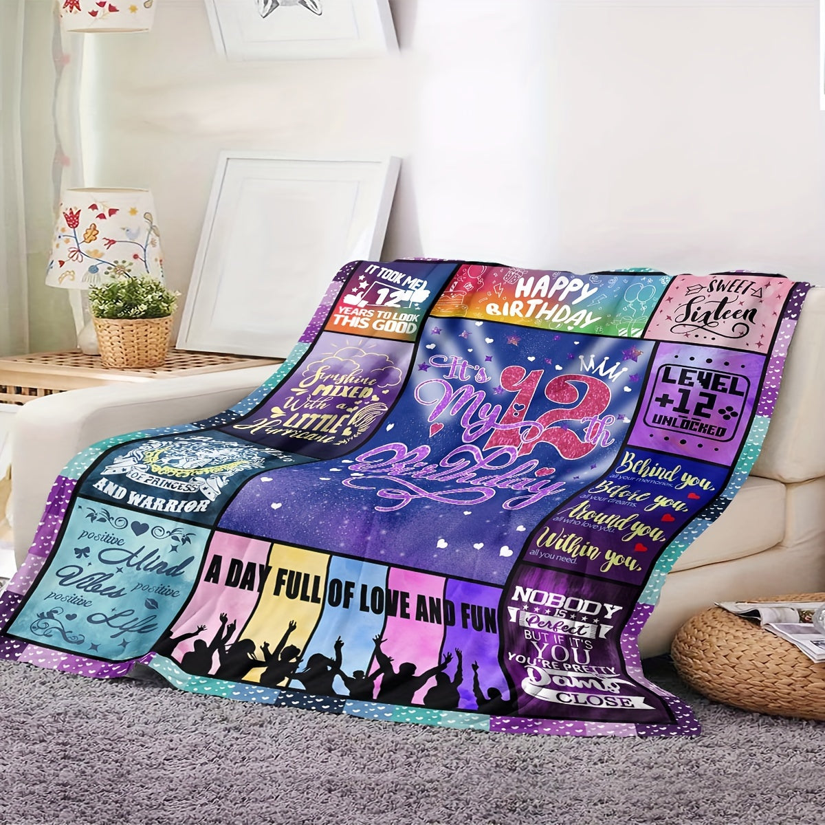 Celebrate Your 12th Birthday in Style with a Vibrant Blanket - This Soft, Cozy Polyester Throw Features Fun Birthday Messages & Patterns - Easy to Clean in the Washing Machine, Perfect for Year-Round Use on the Sofa or Bed - The Ideal Gift for Girls