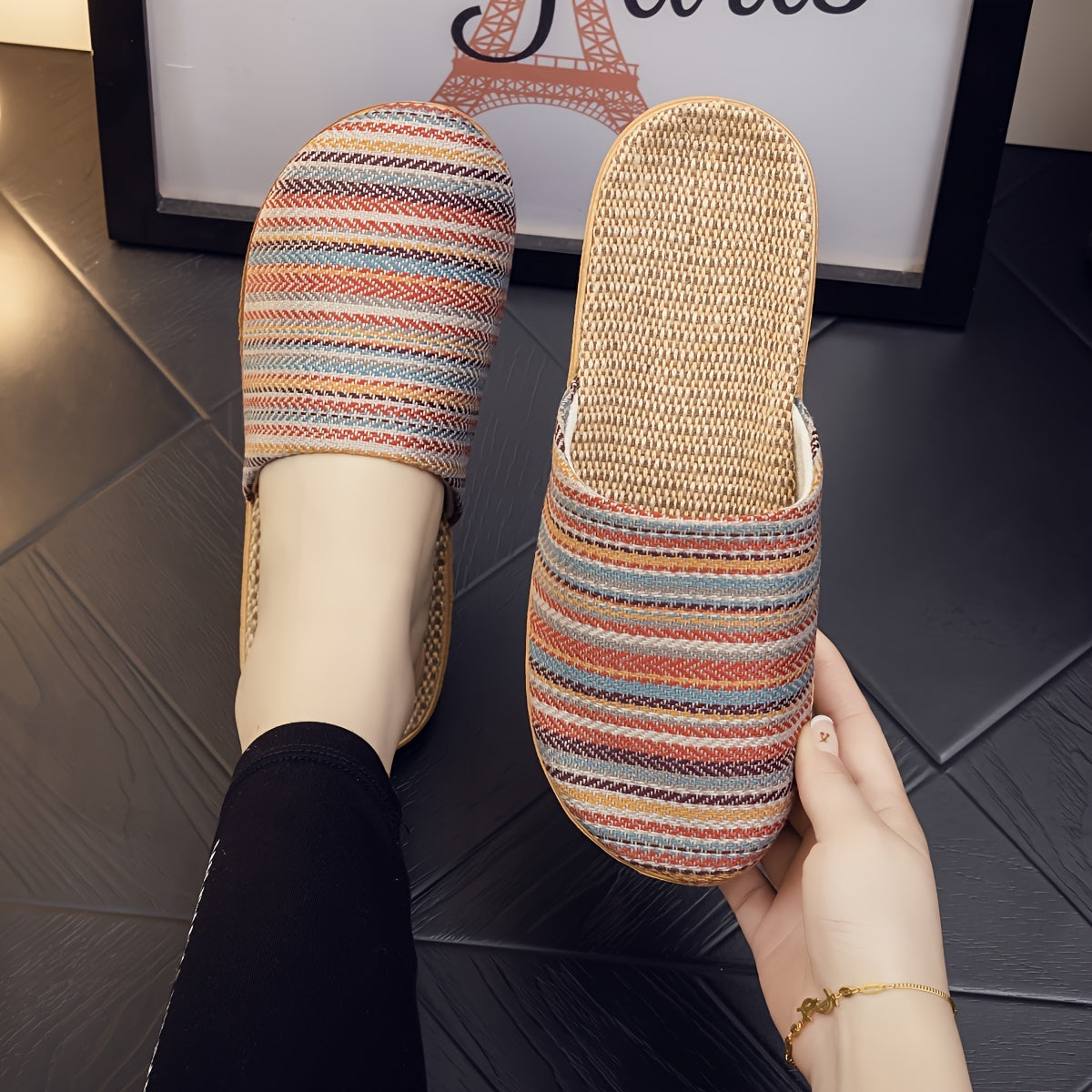 Women's Japanese style slippers with breathable fabric, non-slip sole, and easy care instructions. Suitable for all seasons.