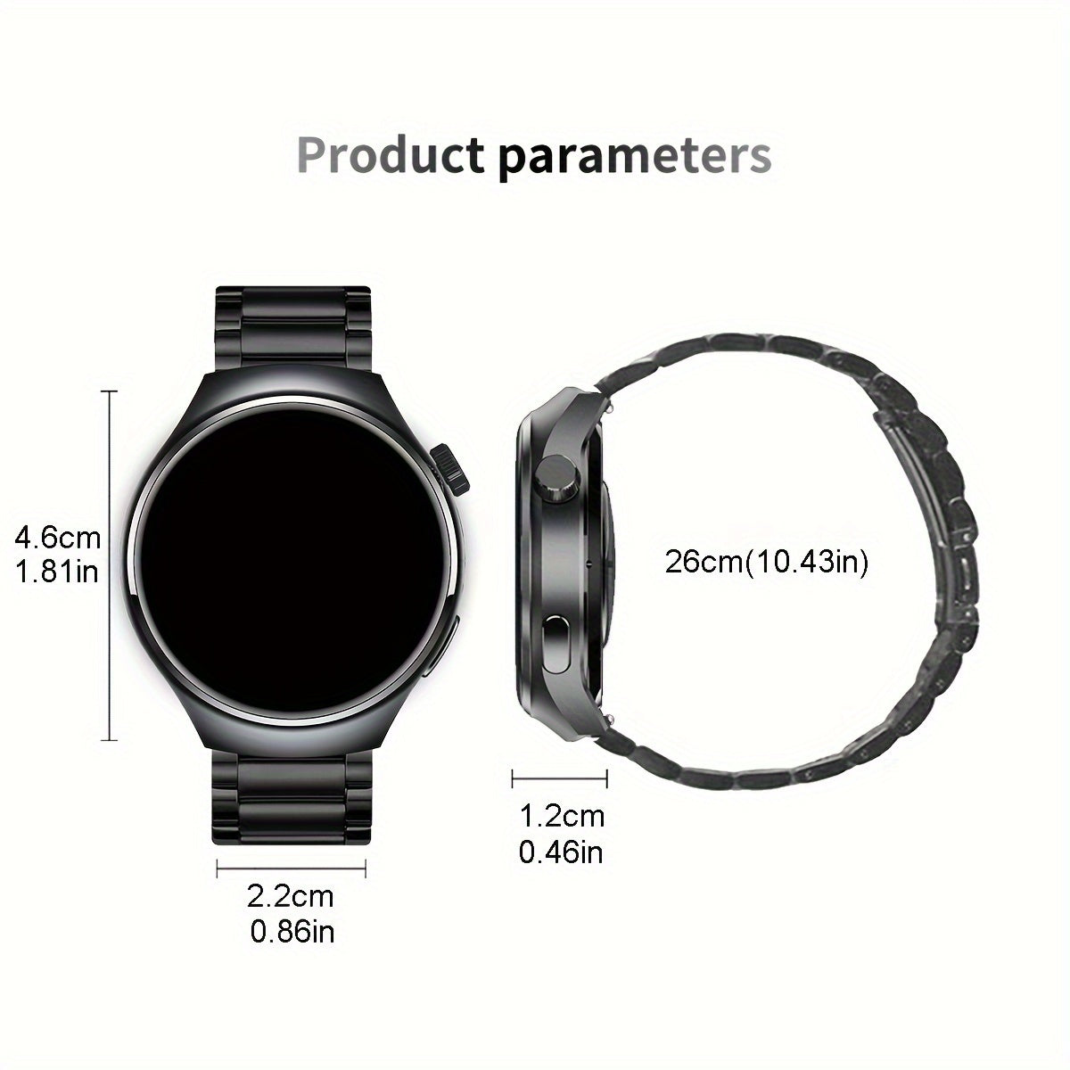 1.39-inch smartwatch with full touch screen for wireless calls, supports Android and iPhone, 100+ sports modes, customizable faces, tracks calories, steps, distance, and sports fitness.