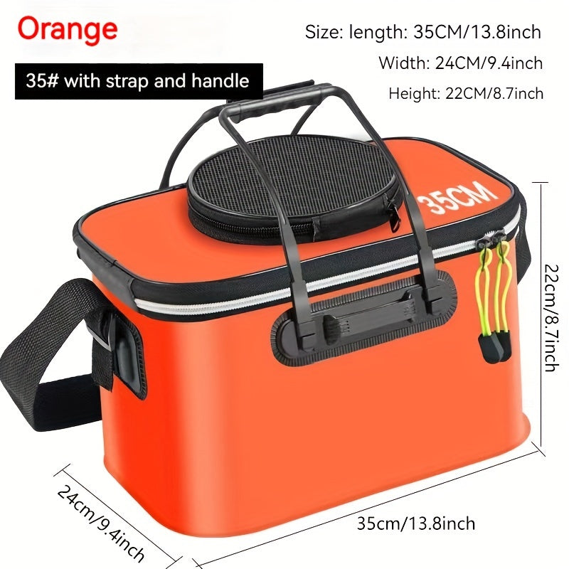 Compact EVA fishing gear bag with collapsible live fish bucket and tackle storage, waterproof and zip closure for camping.