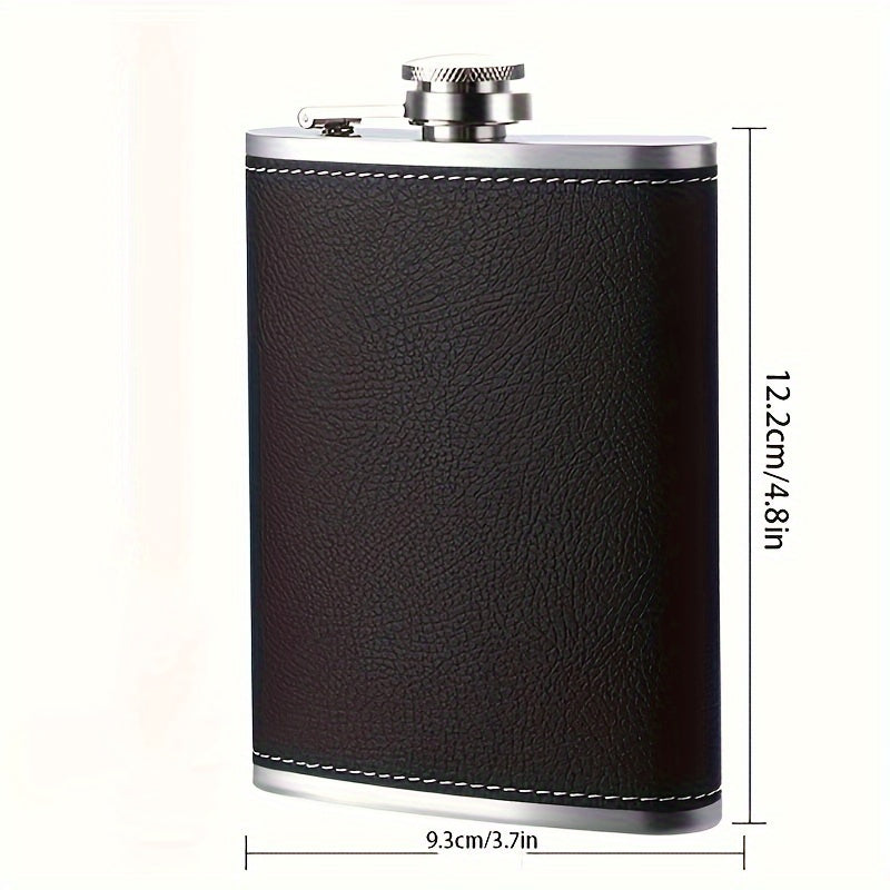 One-piece Black Flask Set includes 1 flask, 2 wine cups, and is made of stainless steel with a soft touch leather wrap. This leak-proof gift set is perfect for giving to both men and women and is ideal for whiskey, rum, and vodka.