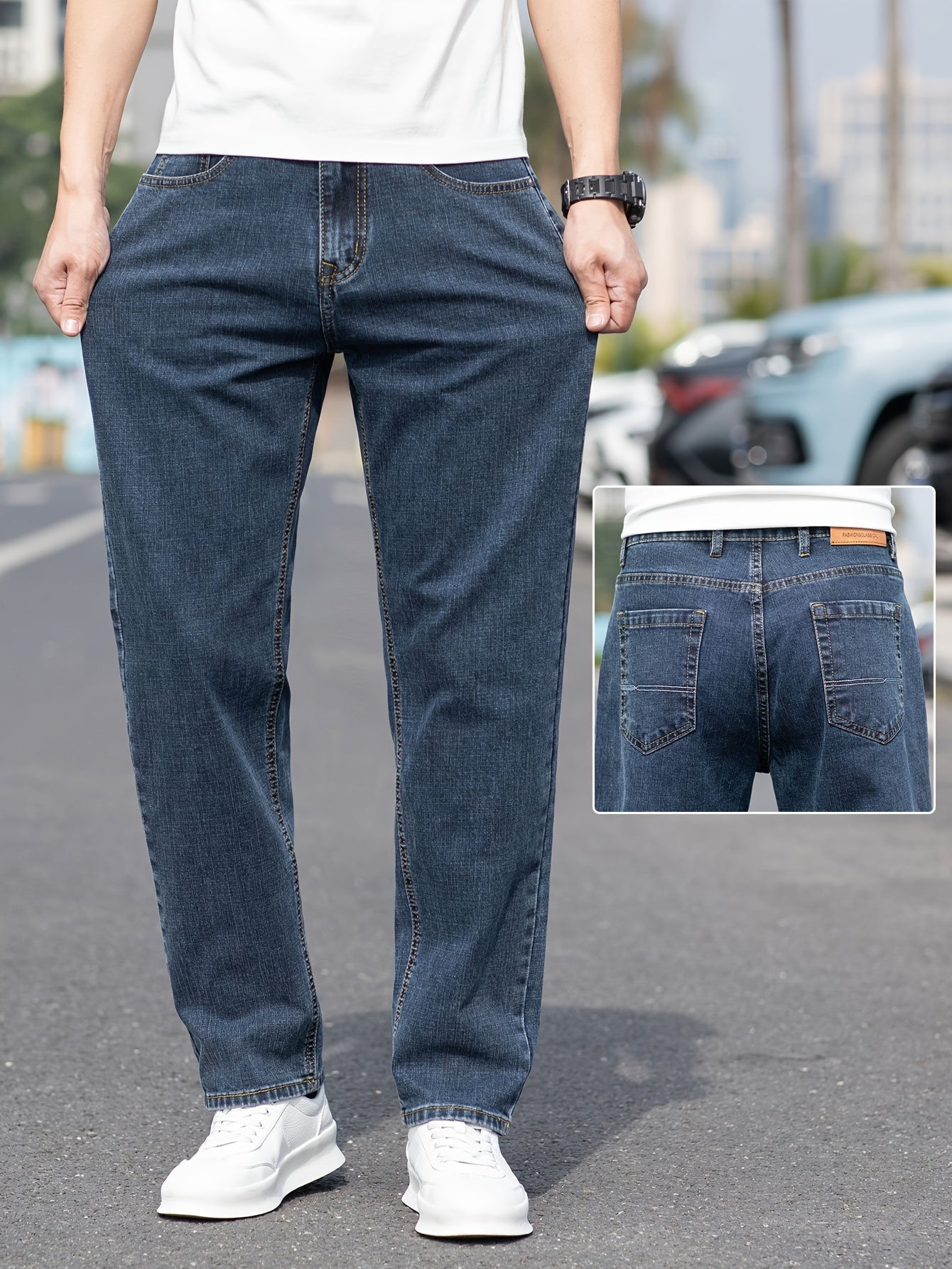 Solid loose denim trousers with pockets for men, made from breathable cotton blend. Perfect for outdoor activities.