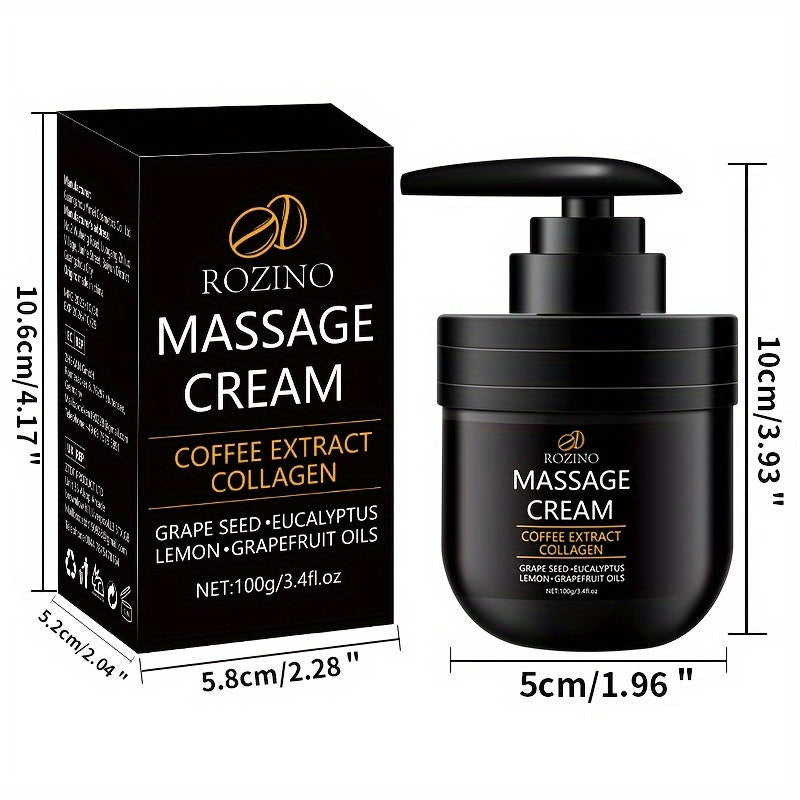 ROZINO Massage Cream with Coffee Extract Collagen, Grape Seed, Eucalyptus, Lemon, and Grapefruit Oils moisturizes, brightens, and nourishes skin.