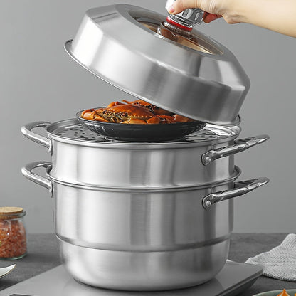 The 5-Piece Stainless Steel Multipot Set with Timer is a complete set that includes 1 Soup Pot, 1 Steamer Basket, 2 Steamer Inserts, and Lid. With its versatile steaming and cooking capabilities, programmable smart timer, and hands-free operation, this