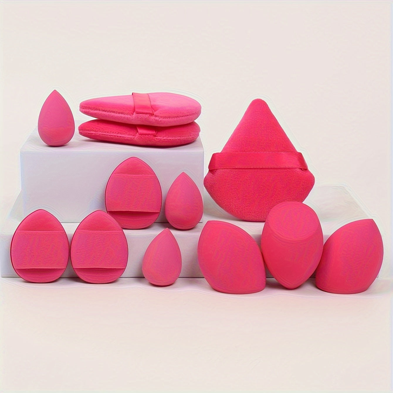 12-piece makeup sponge set includes foundation blending beauty sponge suitable for liquid, cream, and powder makeup, made of super soft velvet with shaping, eye, and corner design. Set also