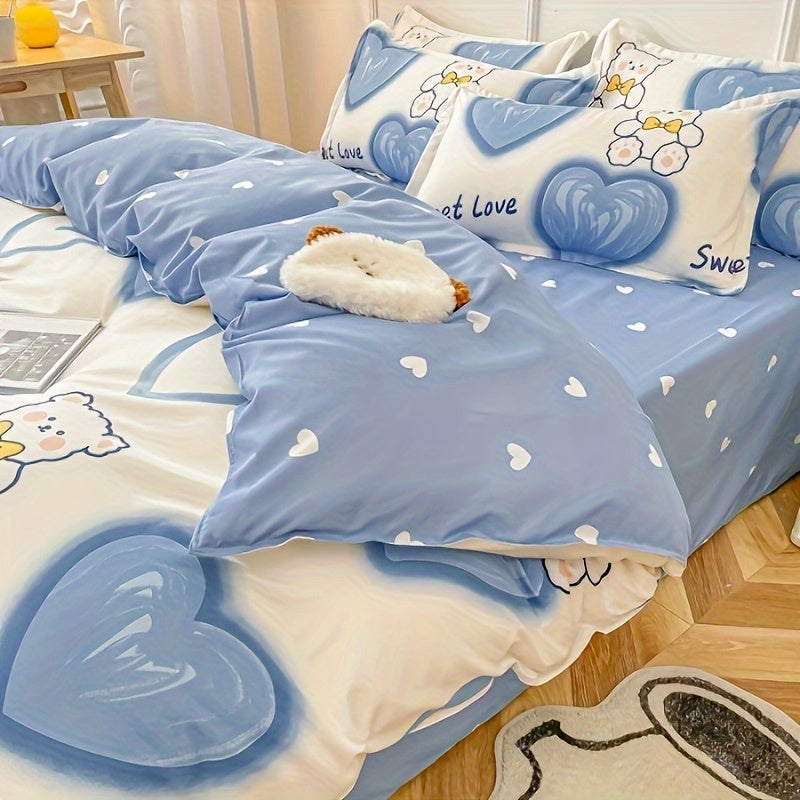 4PCS Cartoon Heart Bear Print Bedding Set - Includes Duvet Cover, Bed Sheet, and 2 Pillowcases - Machine Washable Polyester Fabric - Animal Theme - Year-round Use