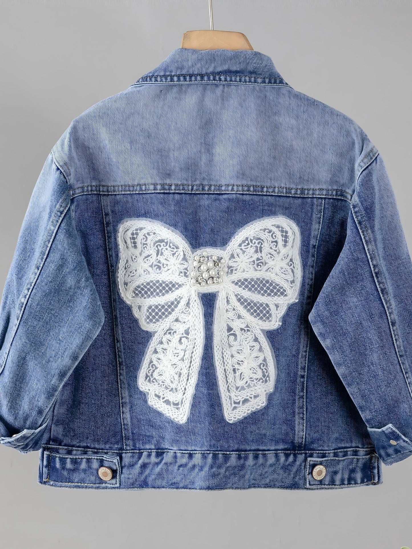 1pc Girls' Denim Jacket with Lace Butterfly Detail, Casual Style, Collared, Button-Up, Cotton Blend, Stretch Fabric, All-Season - H Line Cut