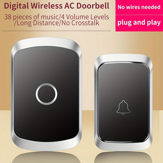 Radio Bell wireless doorbell set with 60 melodies and 5 volume levels, LED flashlight, 1 receiver, 1 transmitter, 300m range, and EU plug.