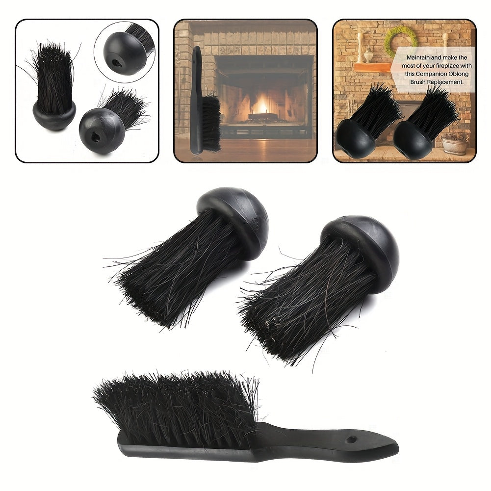 Two round fireplace brush head replacements and one rectangular fireplace brush.