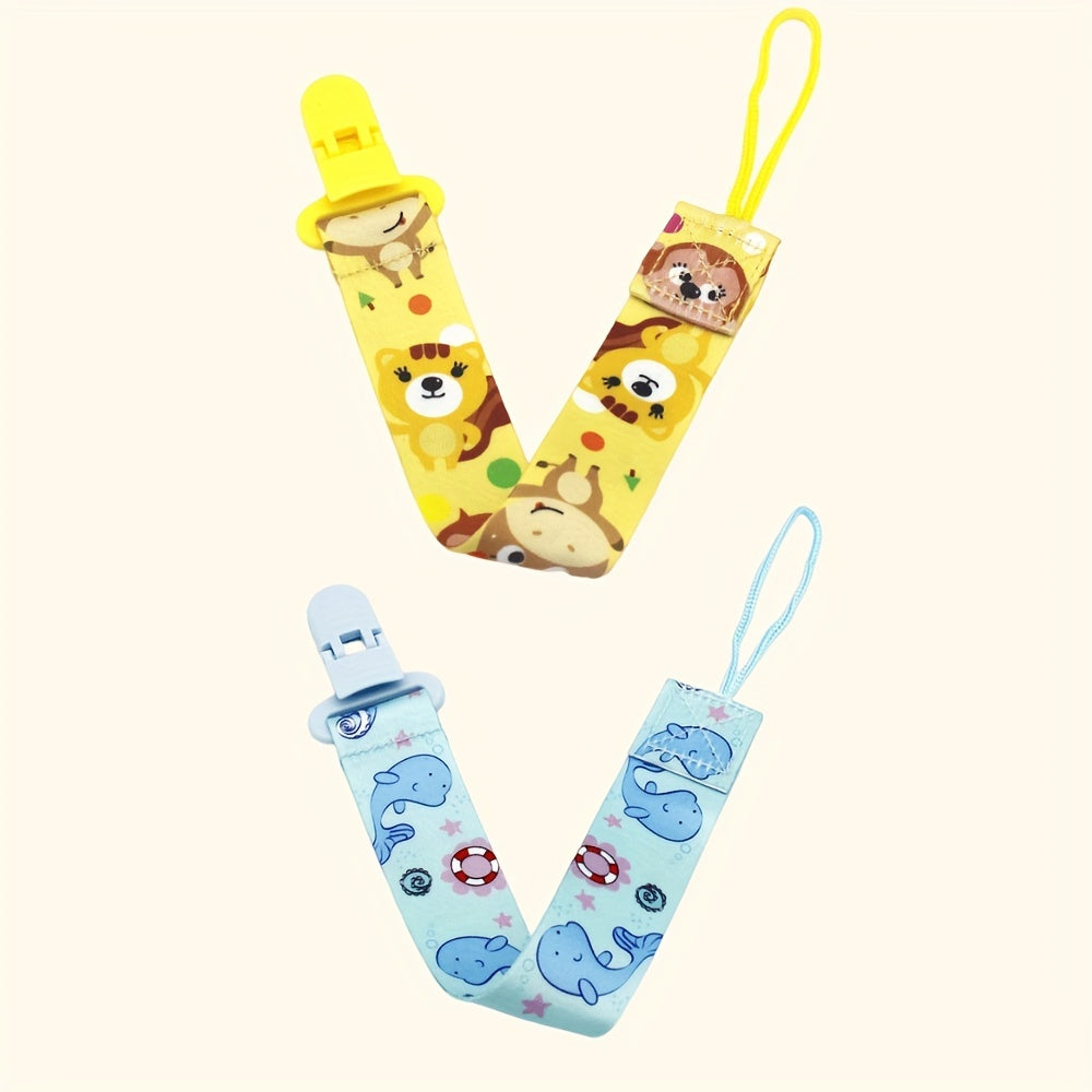 Two adorable patterned pacifier chains in yellow and blue, complete with pacifier clips and holders.