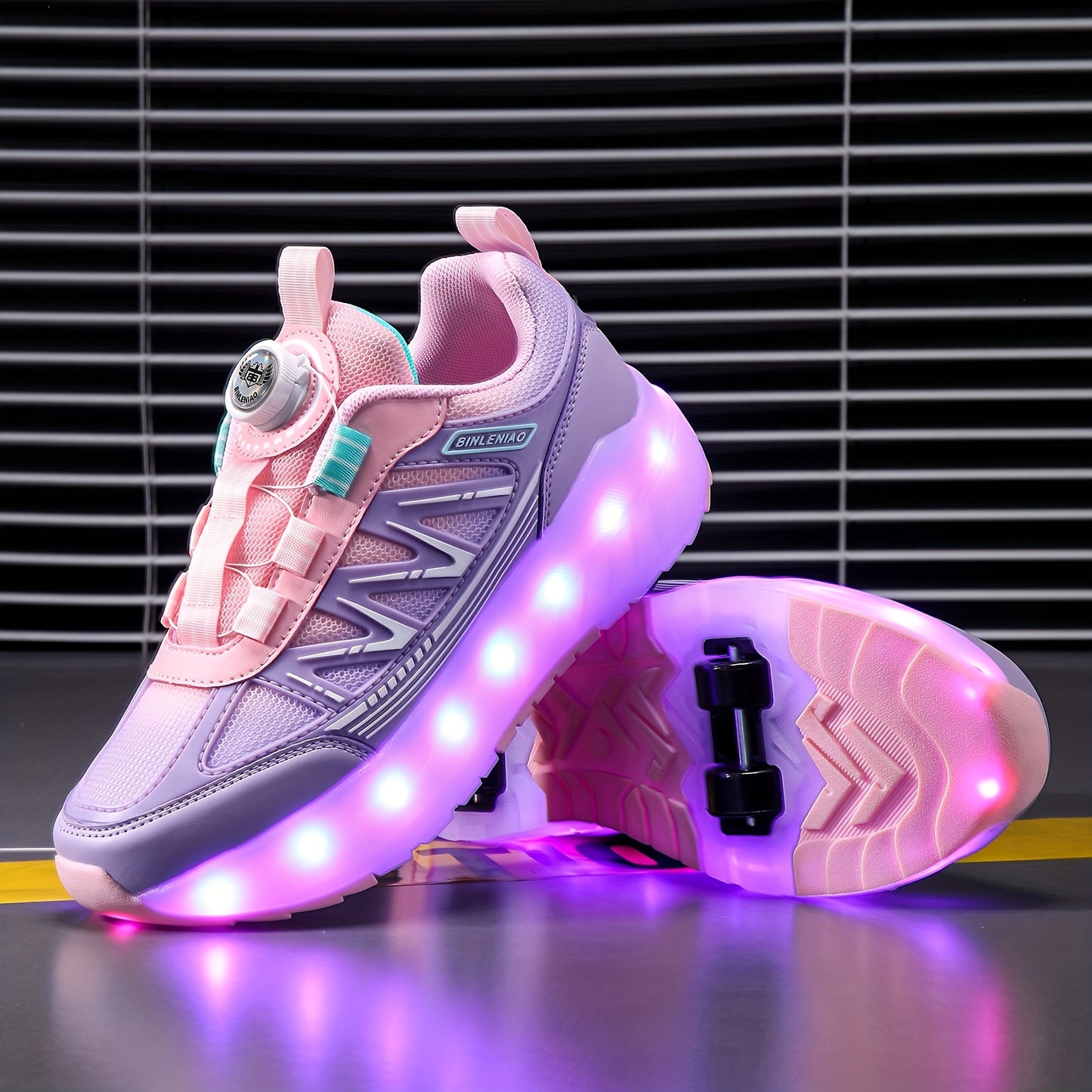 Pink and purple LED light-up skateboard shoes for girls with 8 wheels and 16 flash modes. Breathable and lightweight, with fabric lining, EVA sole, and rotary buckle closure. Suitable for