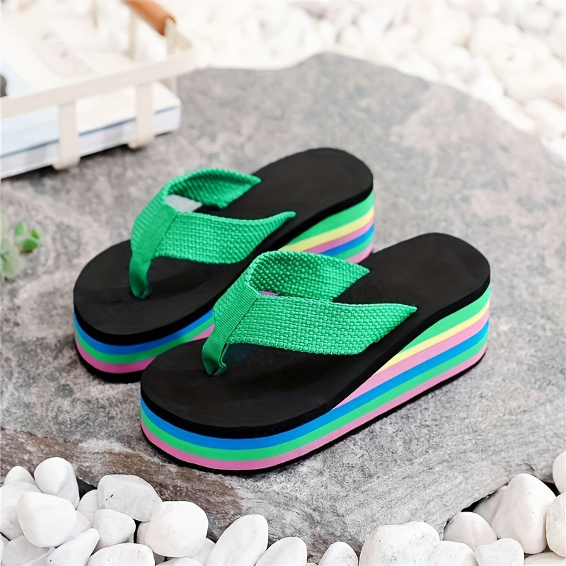 Women's Rainbow Sole Wedge Flip Flops, Slip On Platform Slide Shoes for Casual Lightweight Summer Beach wear.