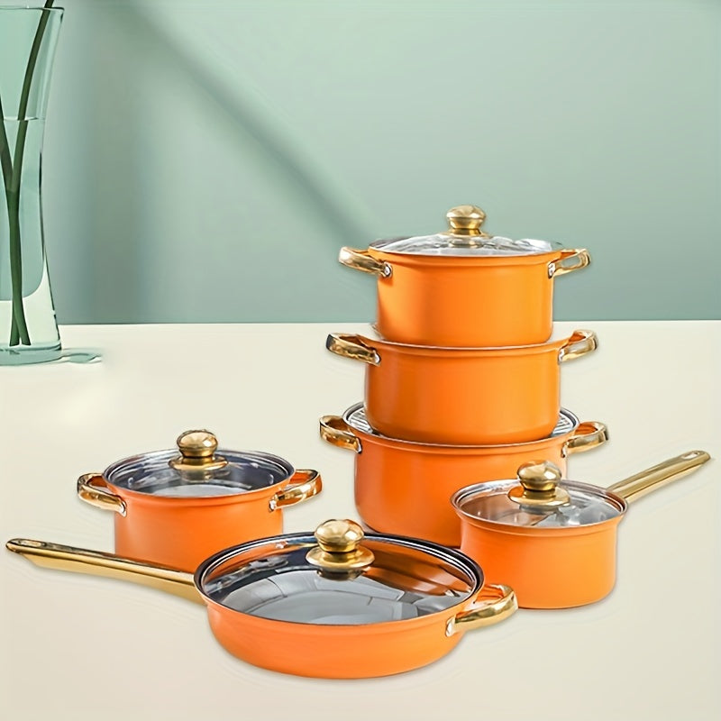 12-piece cookware set made of stainless steel with handles plated in gold. Features a non-stick coating, ideal for frying, steaming, and boiling.