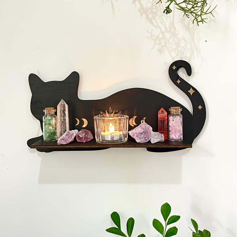 Black cat wall shelf for living room or bedroom decoration, perfect for plants, crystals, and scented candles for special occasions.