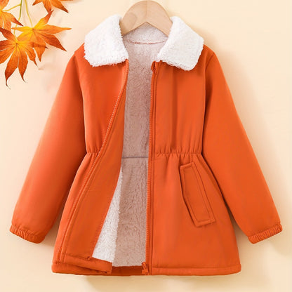 Elegant girls' coat with fleece lining, waist cinching. Machine washable polyester, perfect for fall/winter. Stylish and loose-fit for autumn/winter.