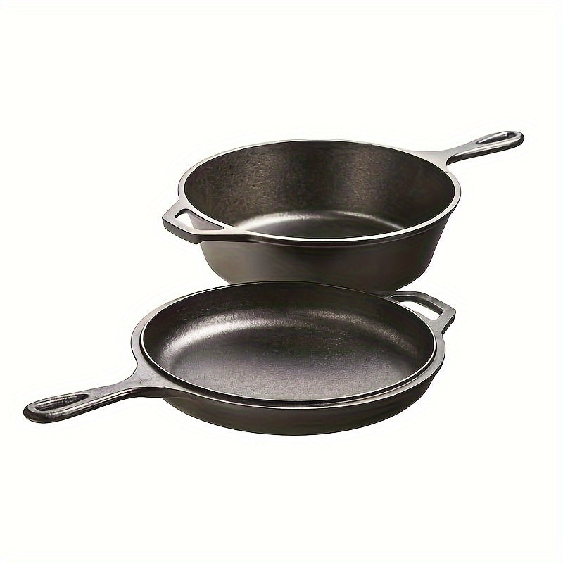 One piece Cast Iron Combo Cooker includes pretreated Stew Pans and Non-stick Frying Pans with heat-resistant black handles.