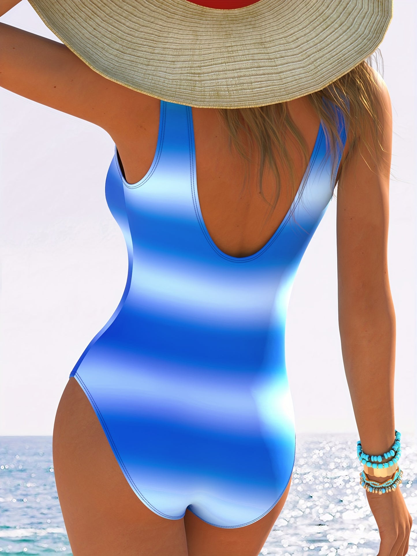 Sporty style women's one-piece swimsuit with high elasticity and striped knit polyester fabric.