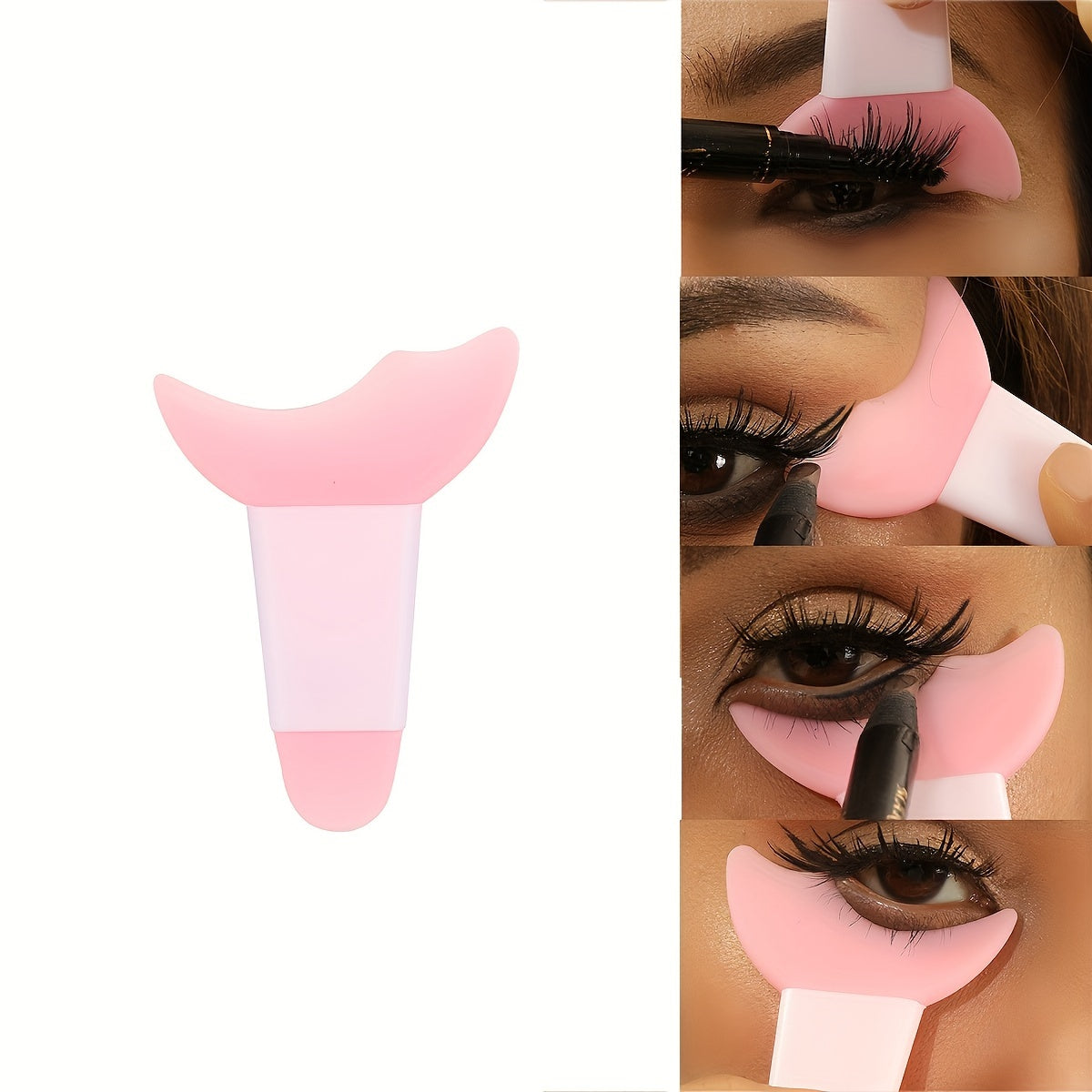 Set of 3 silicone makeup guides in pink for perfect eyeliner, eyelashes, and brows, suitable for all skin types, fragrance-free.