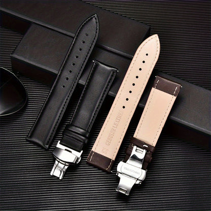 The perfect gift choice for men and women: Double Press Solid Butterfly Buckle PU Leather Strap in 18mm/20mm/22mm/24mm sizes.