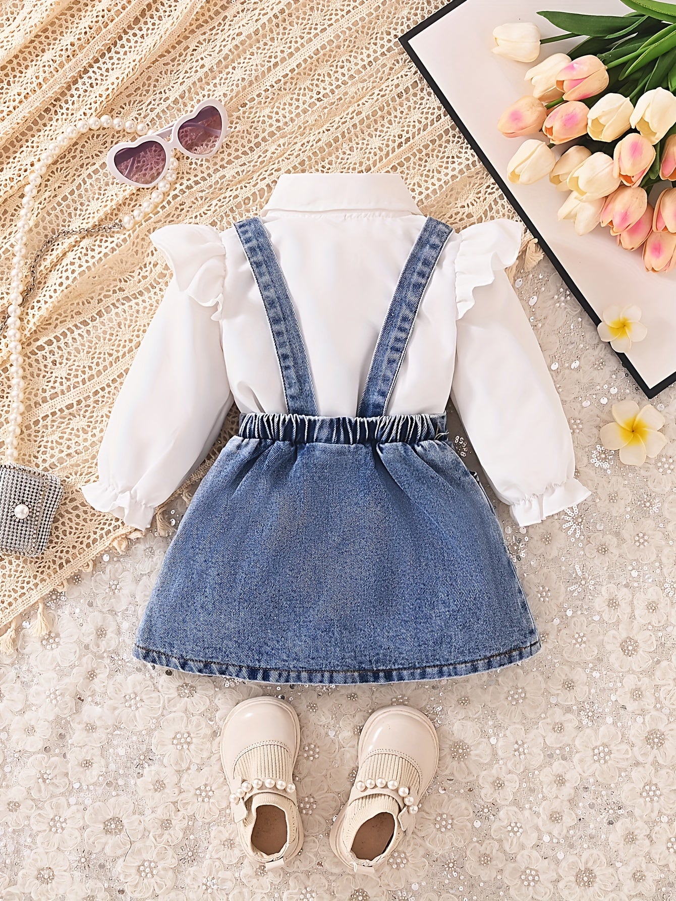 Toddler white long sleeve shirt with denim overalls skirt set for Spring/Fall outdoor wear.