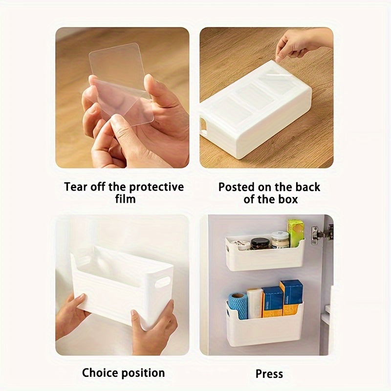 Get your hands on the 1-piece Kitchen Storage Box that can neatly store disposable paper cups, plastic wrap, seasonings, and more. This box comes equipped with 3 sheets of sturdy double-sided film and can be mounted on the wall without the need for