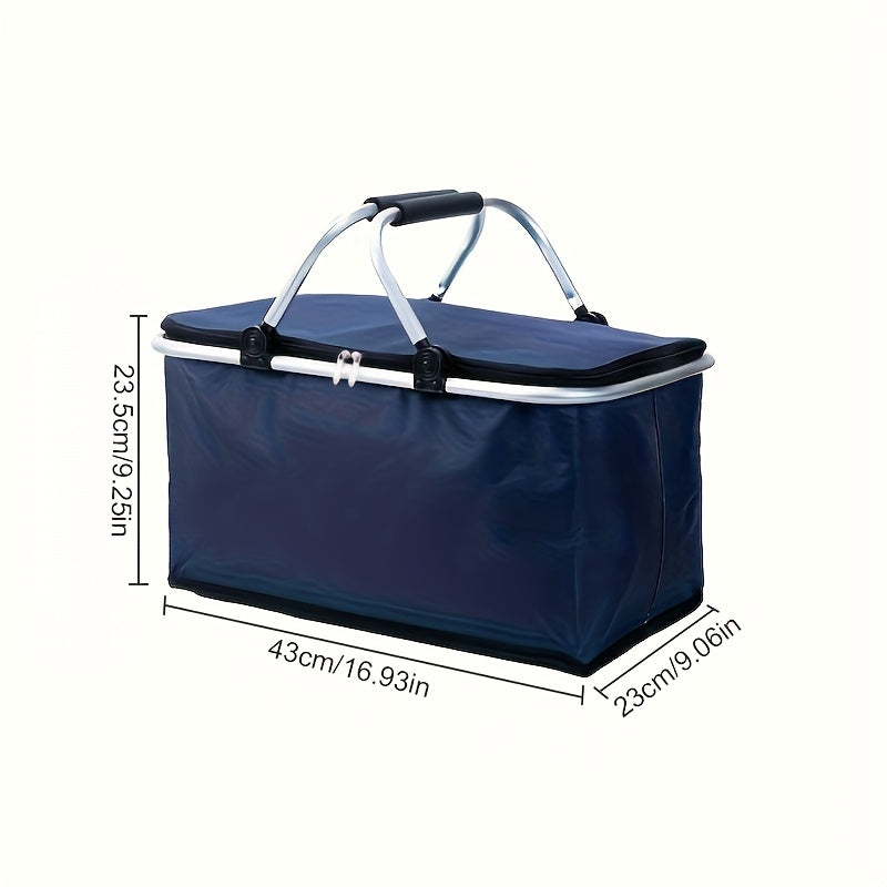 Foldable insulated picnic bag with handle for outdoor travel, in black nylon.