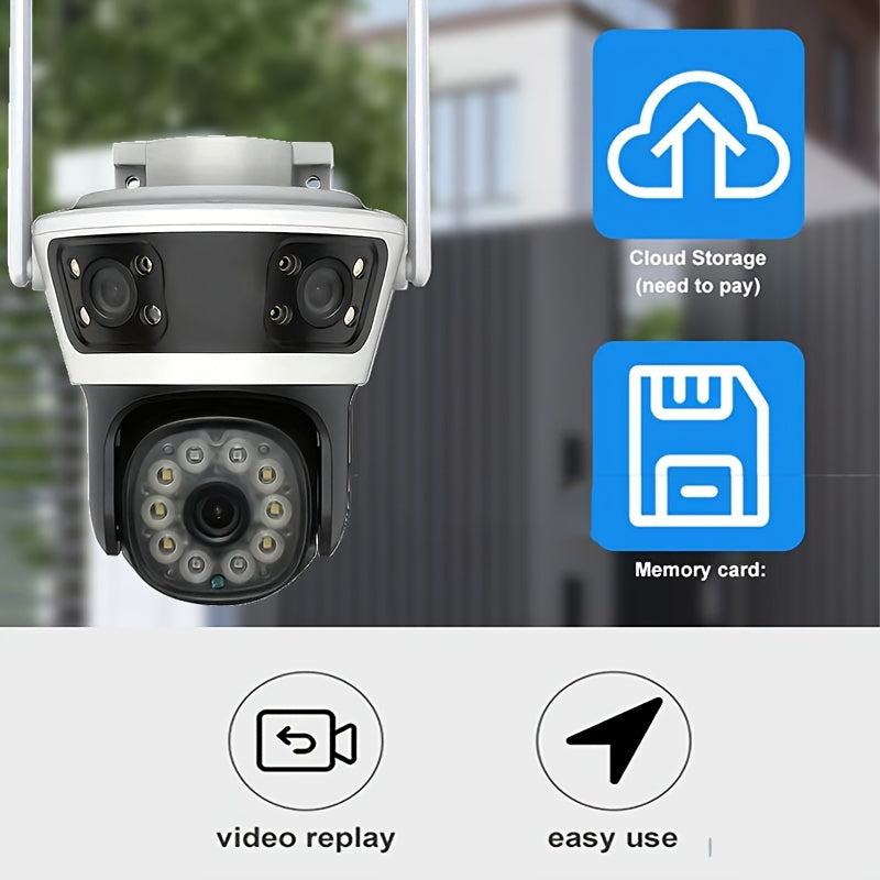 Keep your home secure with our Smart WiFi Outdoor Surveillance Camera! With multiple lenses for optimal coverage, easy smartphone control, night vision capabilities, and two-way audio, this camera is perfect for monitoring your surroundings. (SD Card Not