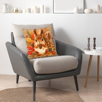 Autumnal squirrel pillow cover with sunflower and maple leaf design, suitable for home decor, 44.96cm x 44.96cm, no pillow insert included.