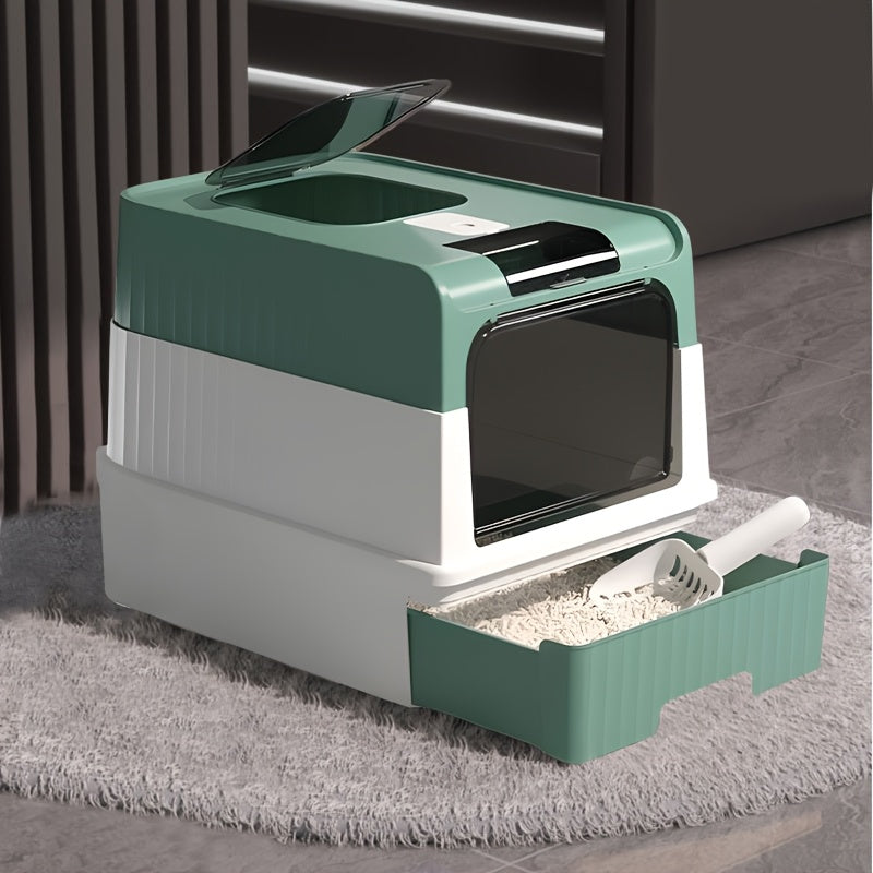 XL Green Cat Litter Box with Easy-Clean Drawer and Scoop - Durable Polypropylene Kitty Toilet