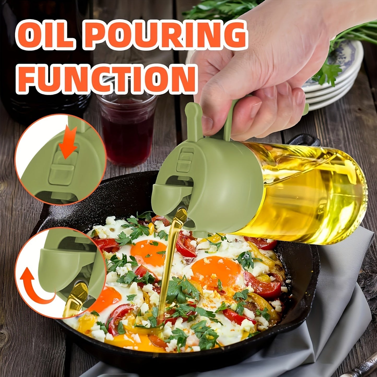 2-in-1 Portable Oil Sprayer and Dispenser - Olive Oil Mister and Pourer, 470ML Plastic Kitchen Spray Bottle for Cooking, BBQ, Air Fryer, Baking, Salad dressing.