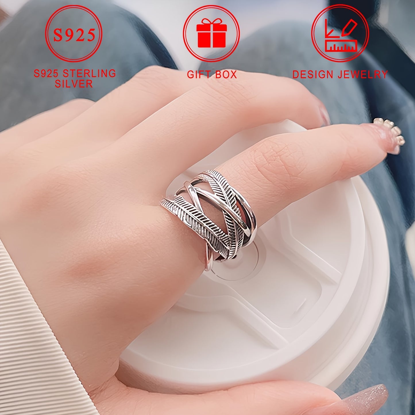 925 Sterling Silver Feather Ring with Infinity Theme Cross Band, High-Quality Hip Hop Style Fashion Jewelry, Gift Box Included for Daily Wear & Gift-Giving, Earth Day celebration accessory.