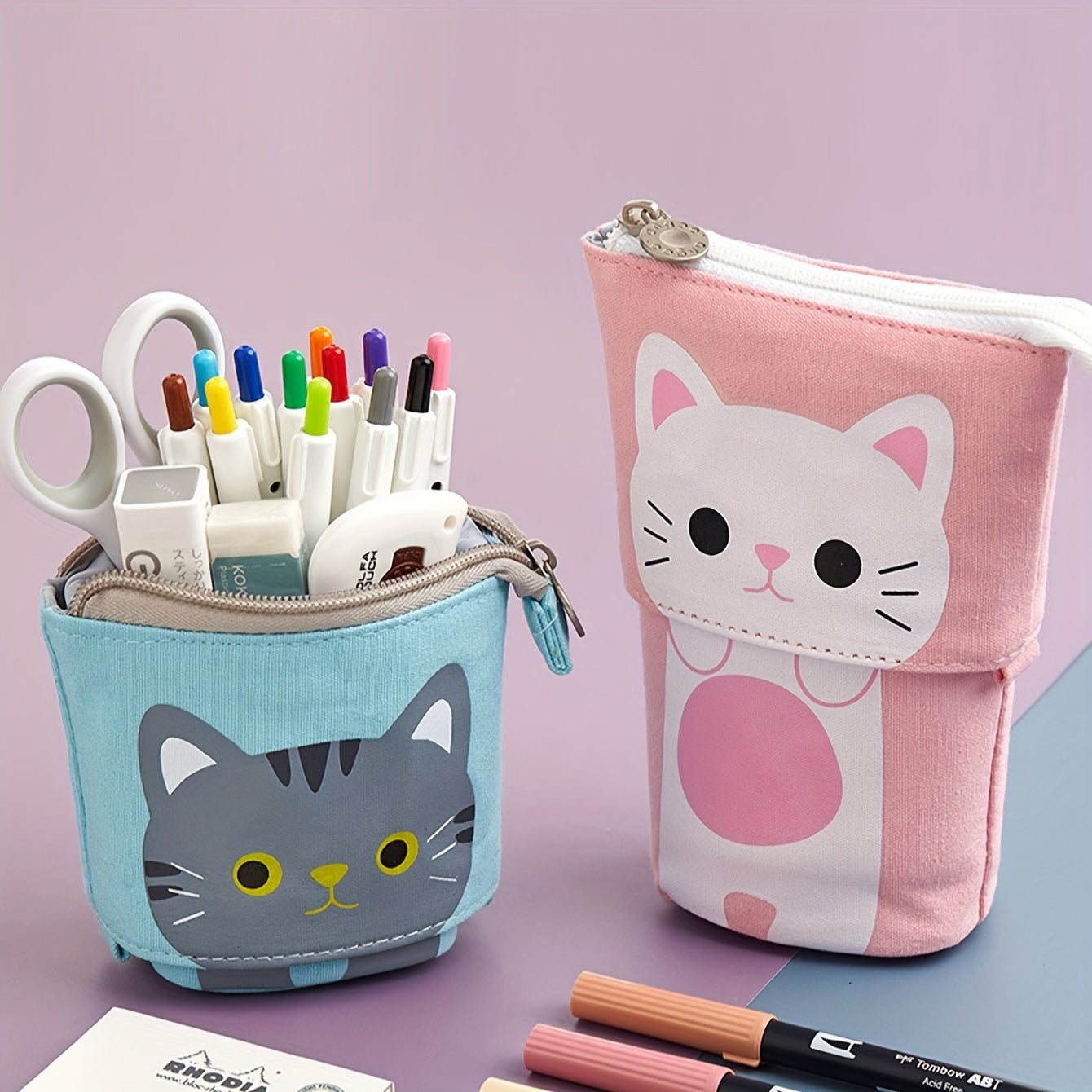 Canvas cat pencil case with zippered expandable design, 2-in-1 telescopic pouch for students.