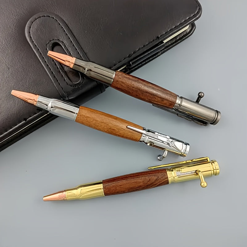 Wooden ballpoint pen with bolt, stress reducing switch pen, solid wood metal high-end pen, interesting writing tool, ideal gift for holidays, school, or business.