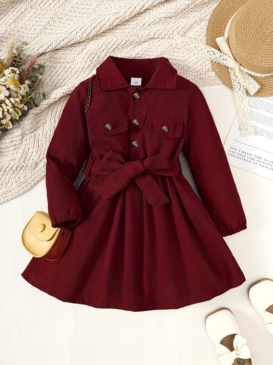 Toddler Girls' Solid Half Button Lapel Dress With Bow Belt for Parties and Winter Events