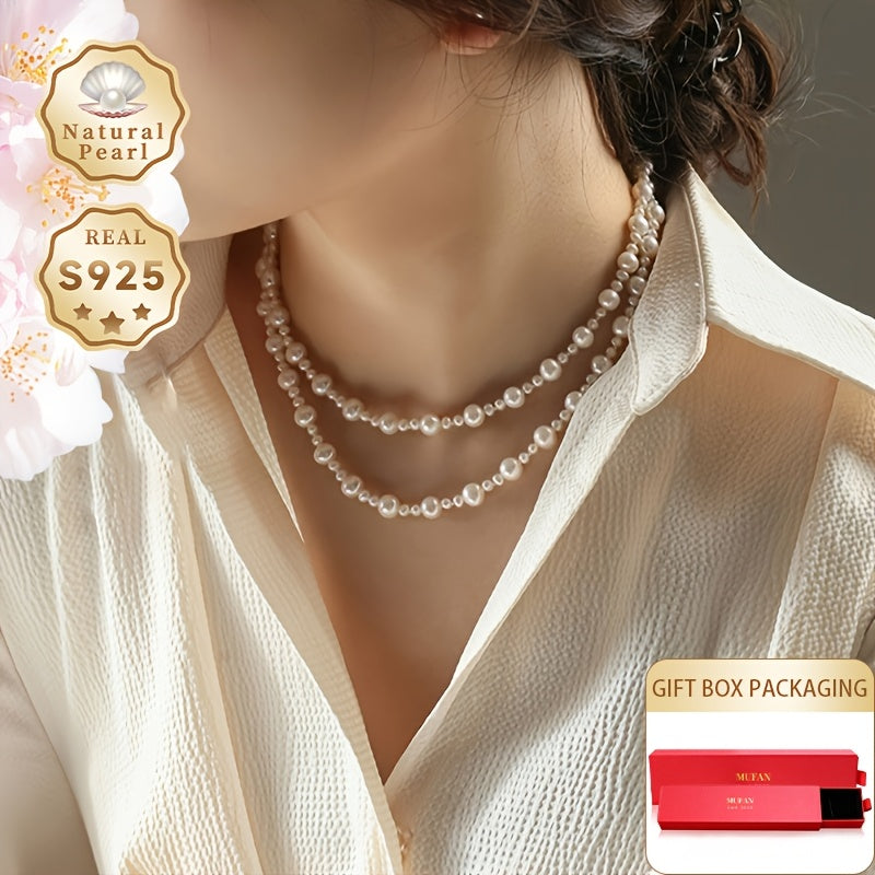 Beautiful Freshwater Pearl Necklace designed for women, featuring lustrous natural pearls with slight imperfections measuring 3-4mm/7-8mm. The necklace is accompanied by an S925 silver sweater chain and comes in a gift box. Ideal for everyday wear or as