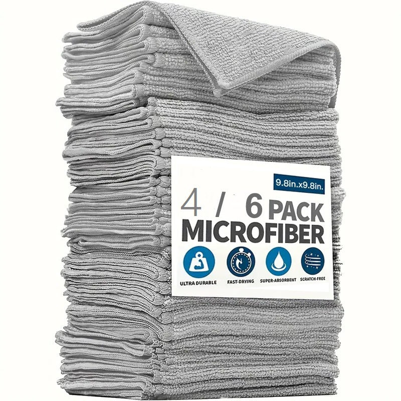 A pack of six bamboo charcoal microfiber cleaning cloths that are highly absorbent, durable, and versatile. Perfect for use in the kitchen, bathroom, car, glass surfaces, and outdoor cleaning. These cloths are stain and grease resistant, and come with