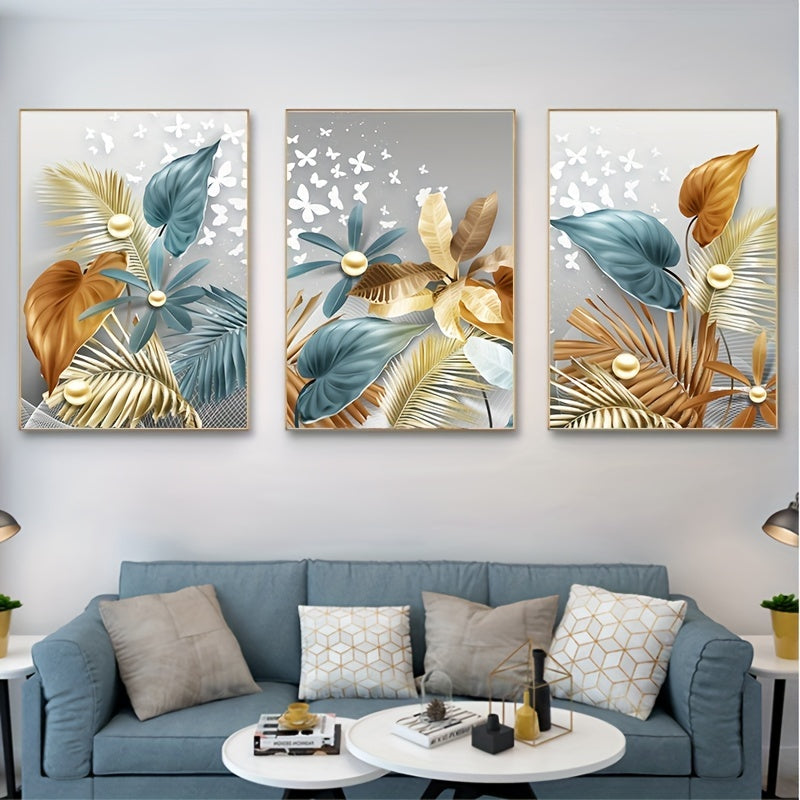 Set of 3 frameless modern golden butterfly leaves canvas paintings for living room decor, size 15.7*23.6in/40cm*60cm