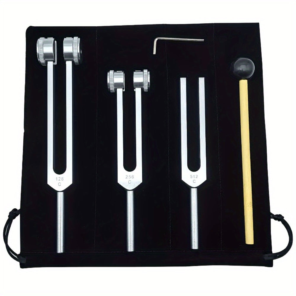 Aluminum alloy Chakra Healing Tuning Fork Set 128Hz, 256Hz, 512Hz for therapy, hearing care, and sound healing. Includes mallet.