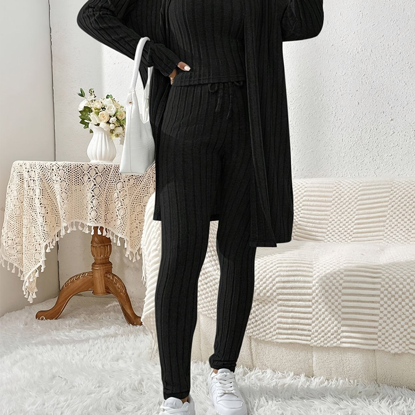 Fall and winter casual loungewear set for women, including a cardigan, camisole, and pants.