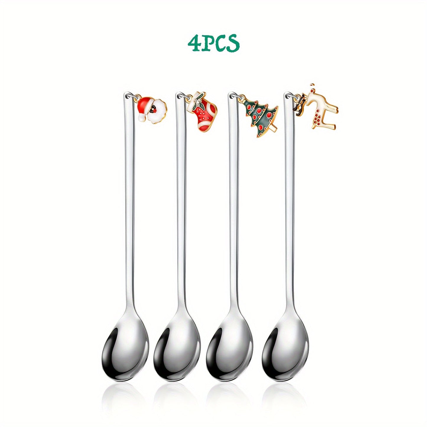 Set of four festive Christmas coffee and tea spoons crafted from stainless steel. These versatile spoons are perfect for stirring hot chocolate, enjoying ice cream, and indulging in desserts. They also make an ideal holiday gift and add a festive touch