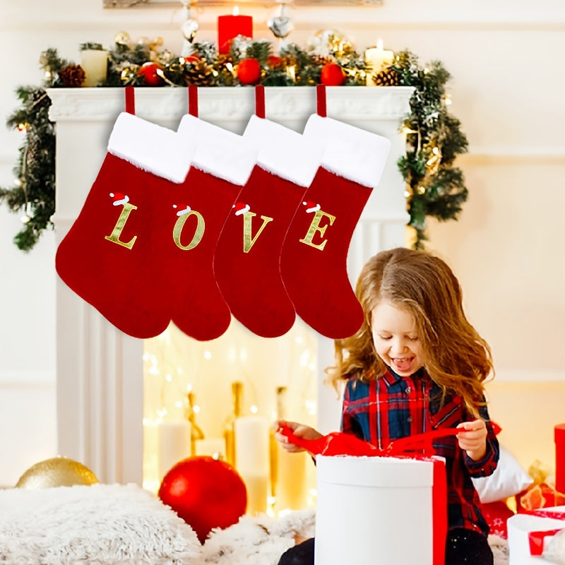 1 red velvet Christmas stocking with white plush cuffs, embroidered initial, 53.34 cm. Perfect for holiday parties and home decorations.