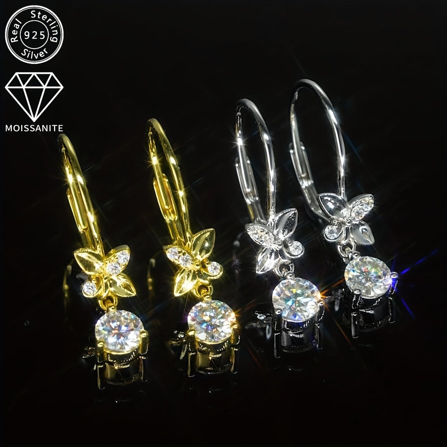 These 925 Silver earrings feature a pair of Moissanite stones, with measurements of 5mm x 2pcs and 1.3mm x 6pcs. The total carat weight is 0.53ct x 2pcs, making for a stunning and stylish pair of dangle earrings. These round synthetic Moissanite earrings