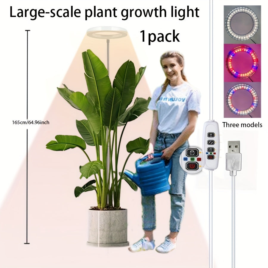 Adjustable USB-powered LED indoor plant growth lamp with automatic timer (3/9/12H settings) and adjustable height of 165.0 cm.