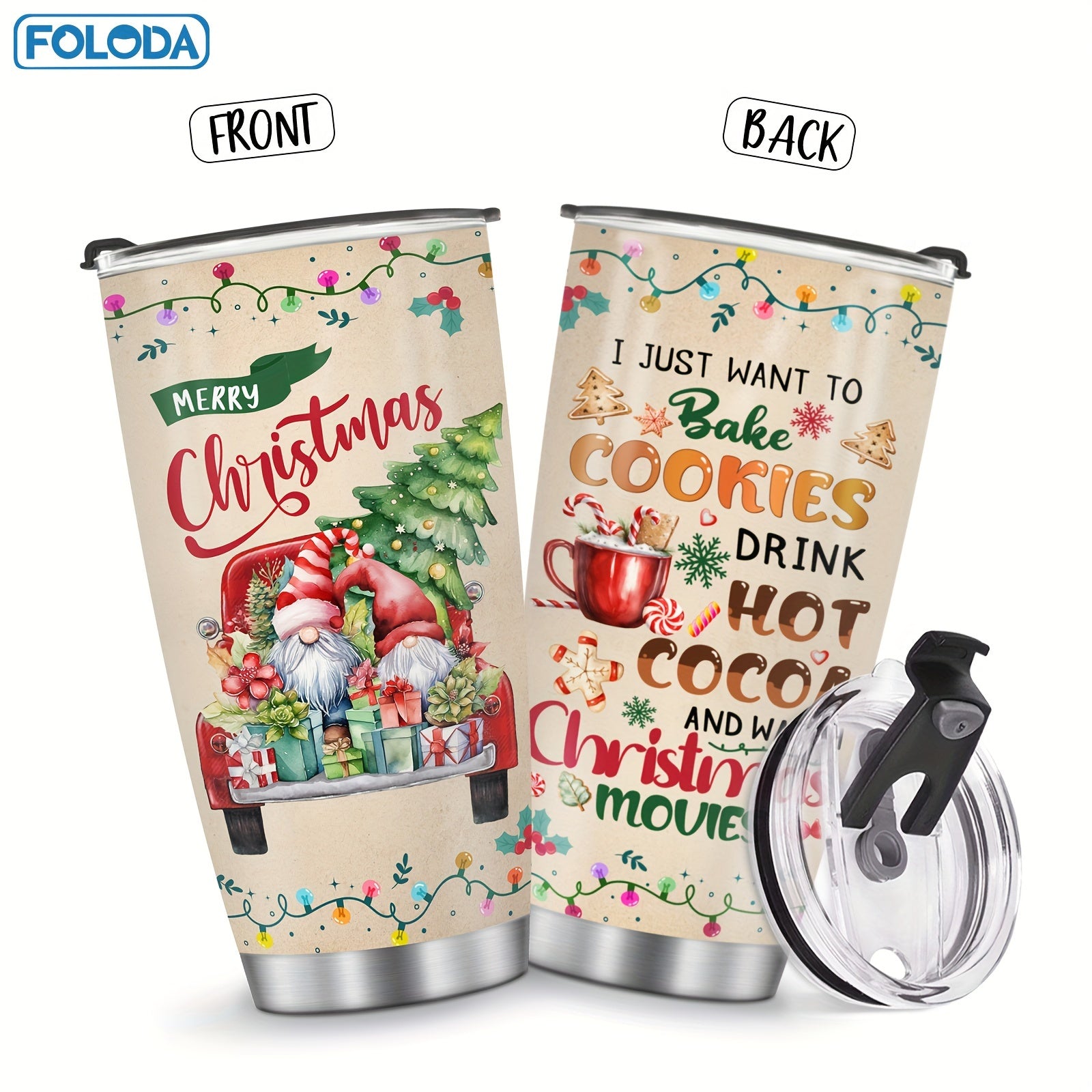 1pc 20oz Foloda Stainless Steel Insulated Tumbler featuring Christmas Santa Claus and Red Truck design. Oval shape, hand wash only, PVC free. Perfect for running and holiday gifts. Merry Christmas Patterns Travel Mug.