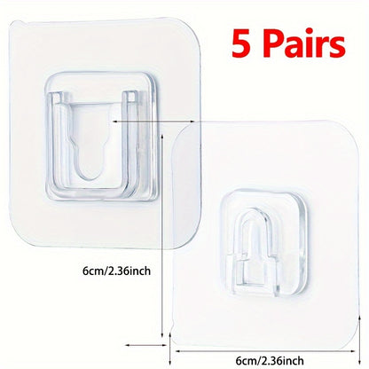 5 pairs of transparent adhesive wall hooks for easy installation in kitchen and bathroom for storage and utility.