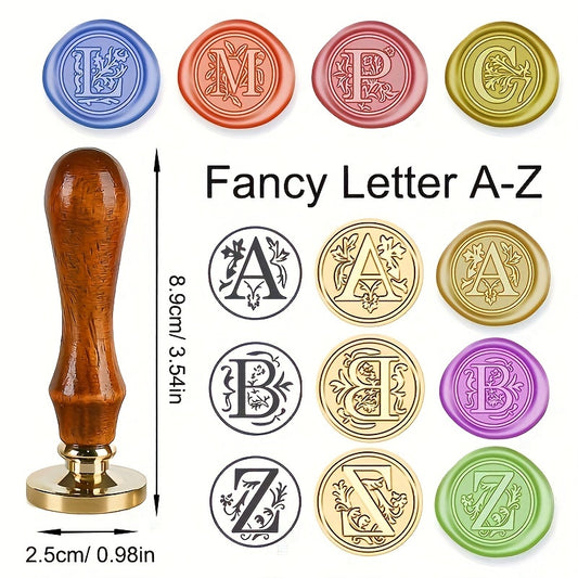 1 set of a 26-letter series Wax Seal Stamp with a Retro Wood Handle and Brass Head for various uses such as Thanksgiving Cards, Envelopes, Gift Wrapping, and Wedding Invitations featuring a