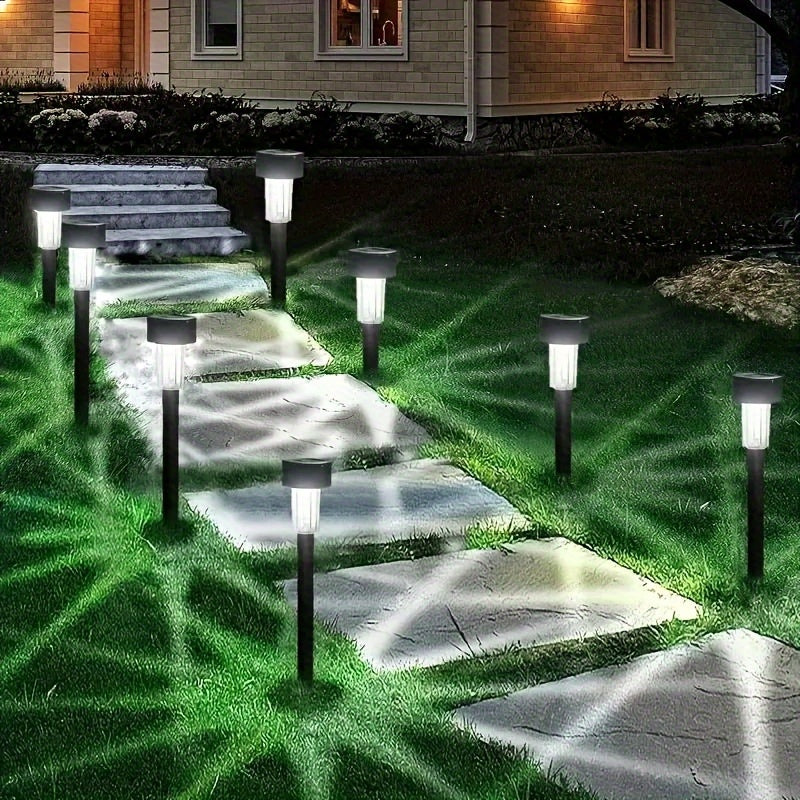 10-pack of solar landscape lights for outdoor lighting, perfect for paths, patios, lawns, and driveways. Features plastic construction, semi-embedded installation, switch control, removable