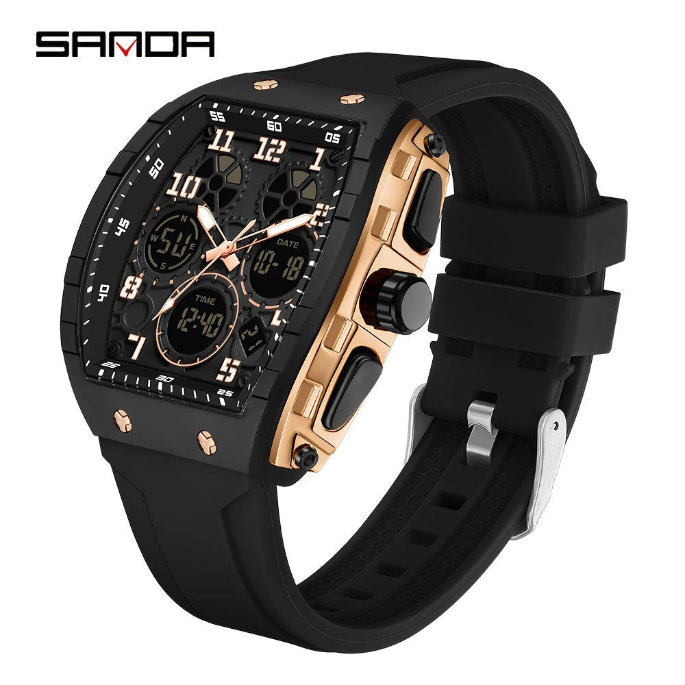 SANDA Fashionable Dial Men's Military Sports Wristwatch, equipped with a Silicone Strap, Multiple Functions, and Waterproof LED Clock.